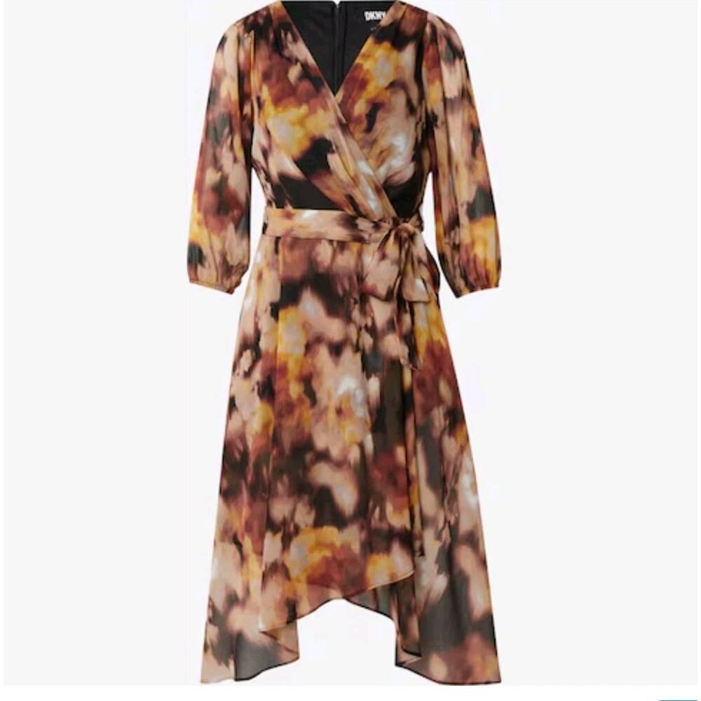 DKNY‎ Women's Sz 8 Brown Midi Dress V-Neck Midi Faux Wrap Artsy Flowy Dk Fairy